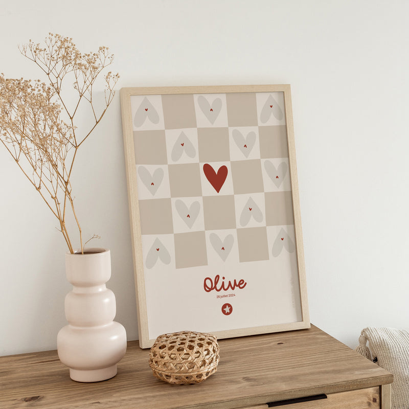 Affiche prénom - Damier beige-zoom-